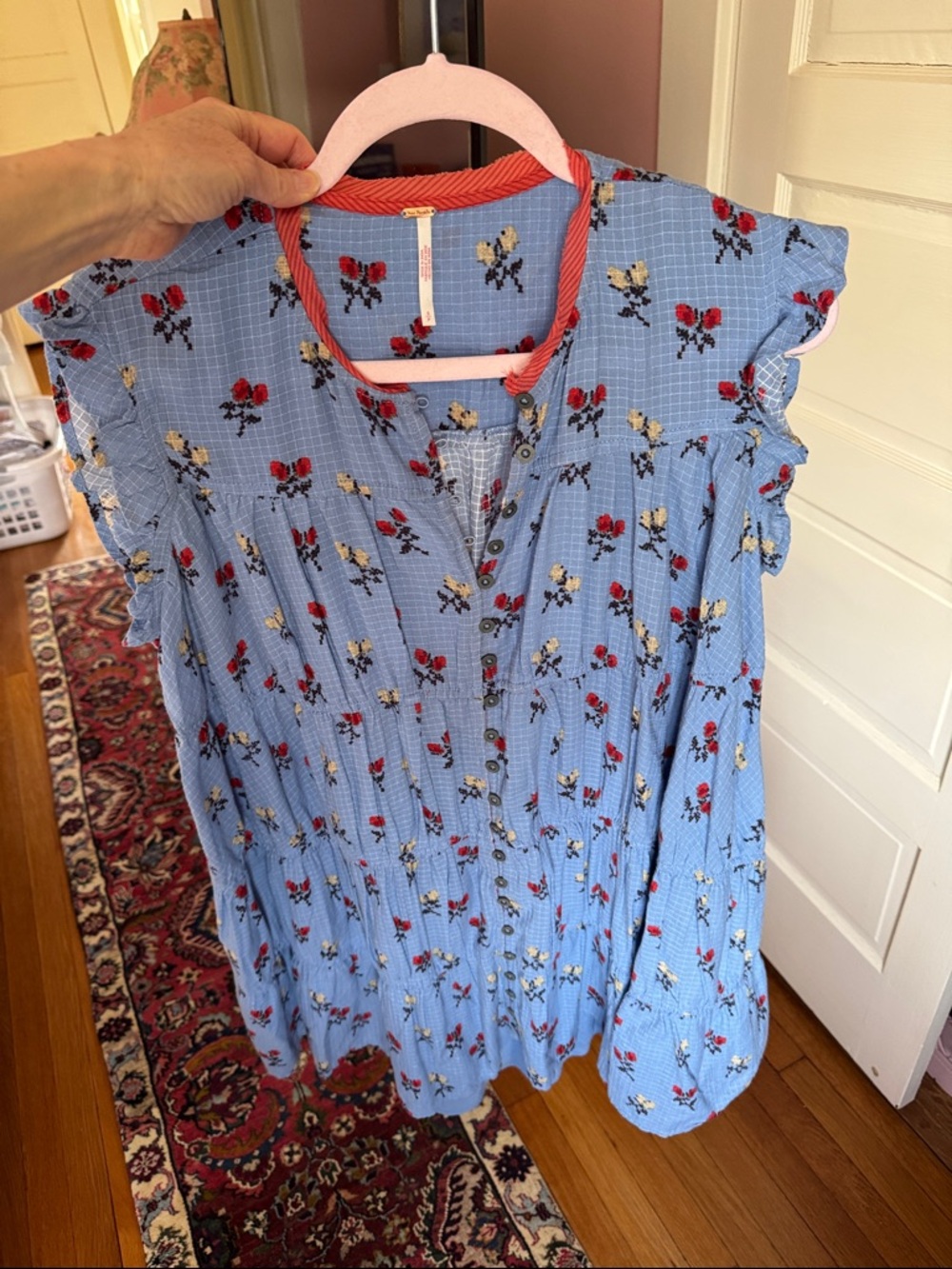 Free People Light Blue Floral Mini Dress with Red and Cream Blooms
